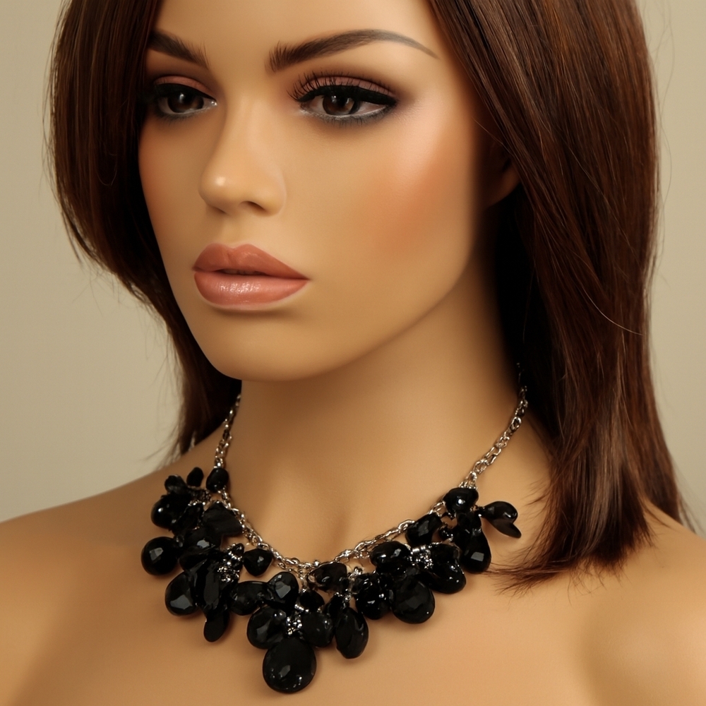 Women Black Cluster Beads & Silver Statement Necklace - Elegant Fashion Jewelry